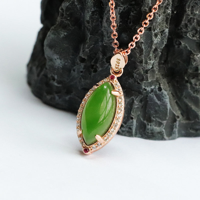 Sterling Silver Hotan Jade Pendant Necklace with Jasper Zircon Halo