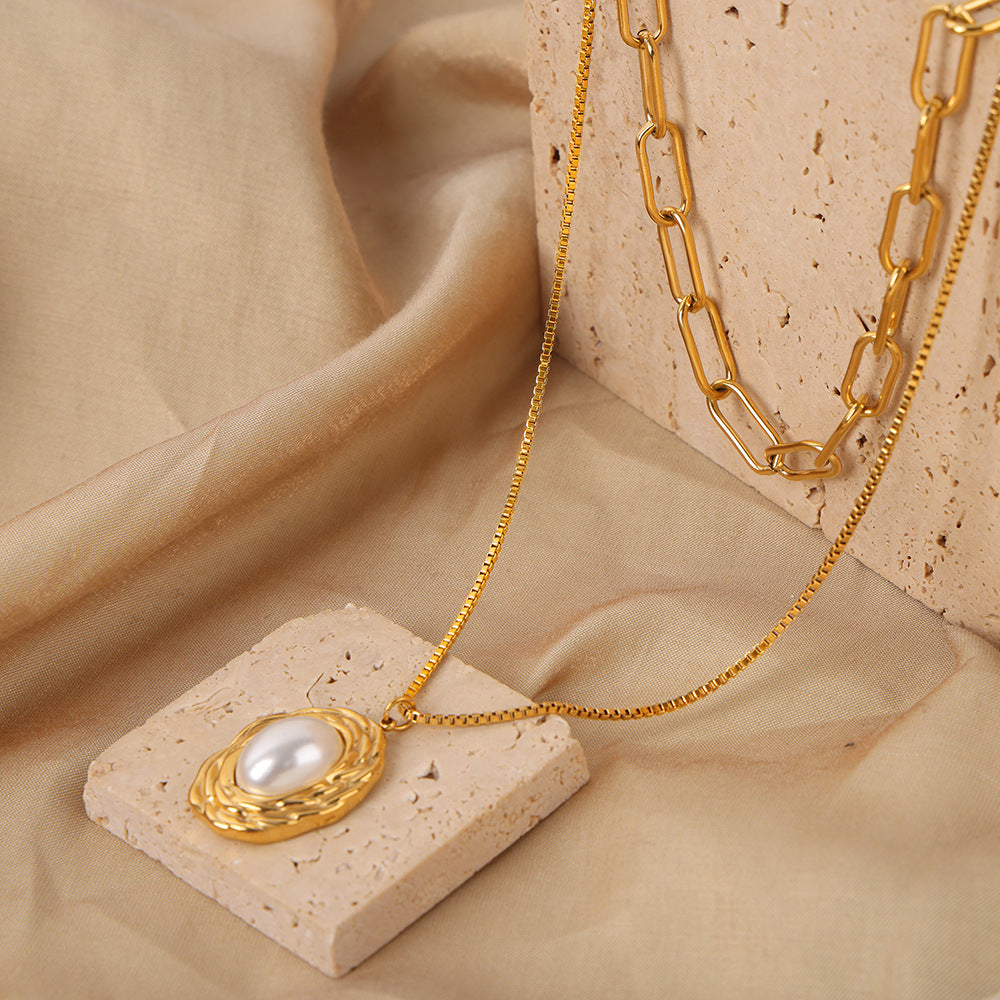 Vintage-inspired Double-Layer Pearl Pendant Necklace in Gold-Plated Titanium Steel