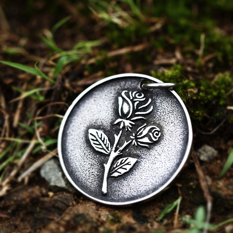 Vintage-Inspired Titanium Steel Rose Pendant with Minimalist Lettered Round Design for Men