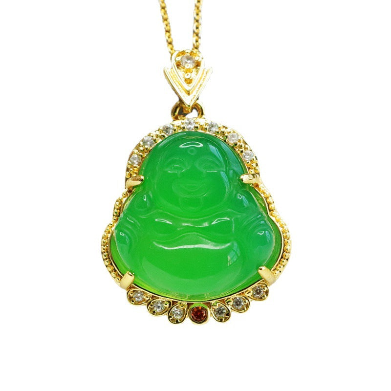 Green Chalcedony Maitreya Buddha Pendant Necklace in Sterling Silver