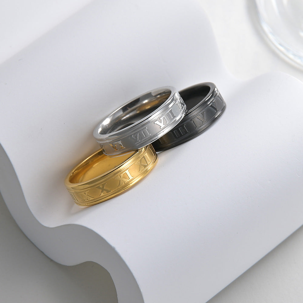 Planderful Collection: Everyday Genie Steel Ring with Roman Numerals for Stylish Couples