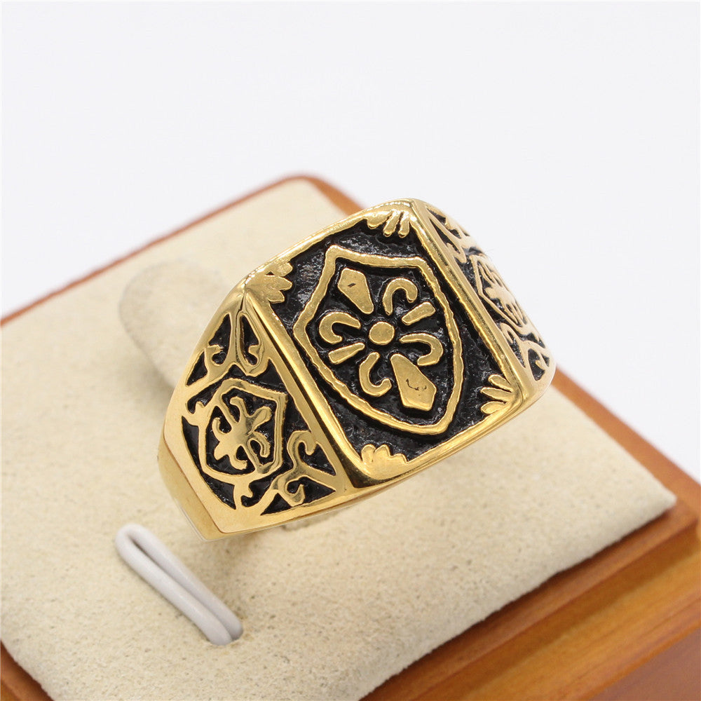 Childern Flower Shield Pattern Rectangle Titanium Steel Ring for Men