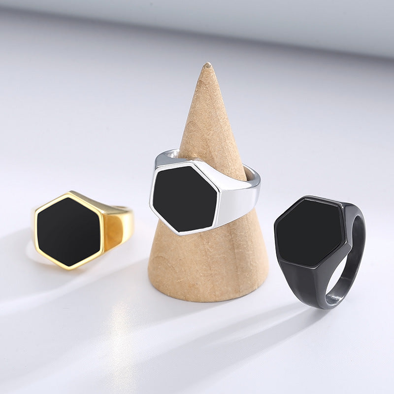 Sleek Black Hexagonal Stainless Steel Ring for Men – A Trendy Statement Piece