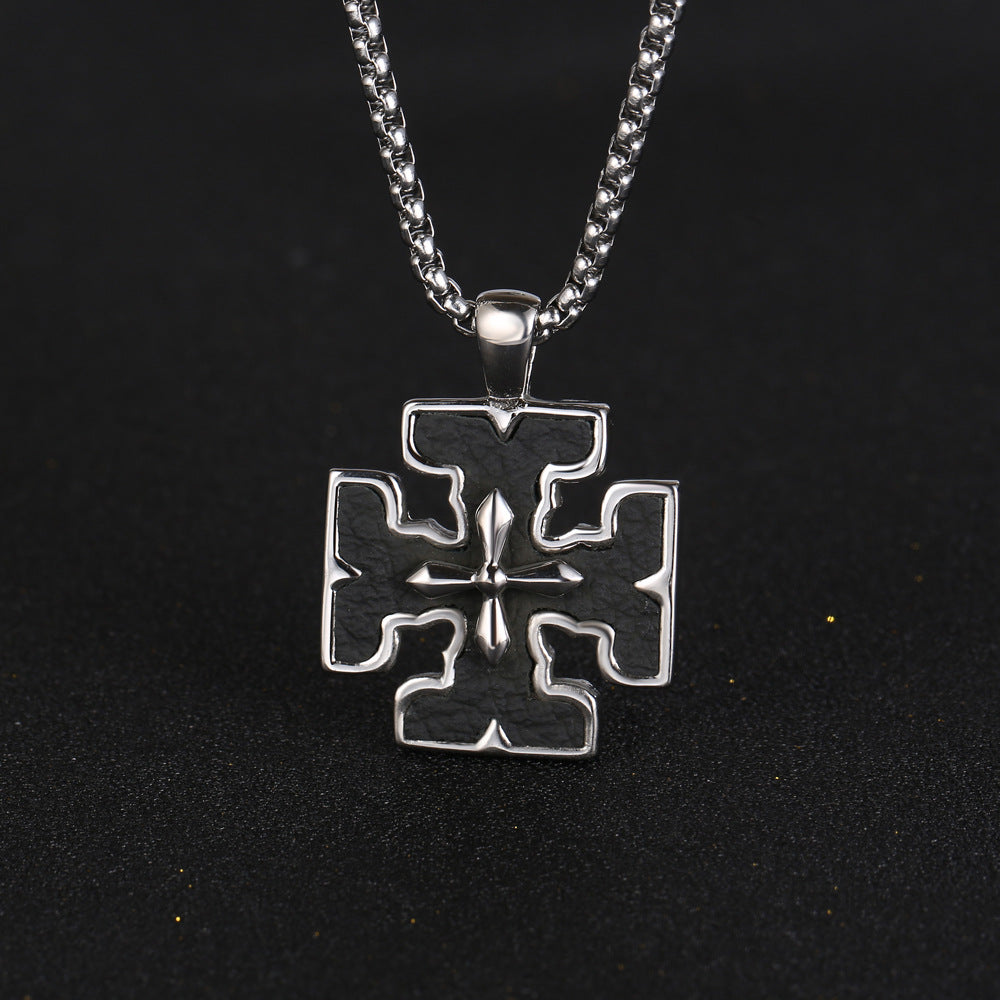 Custom Titanium Steel Cross Pendant Necklace for Men with Leather Cord