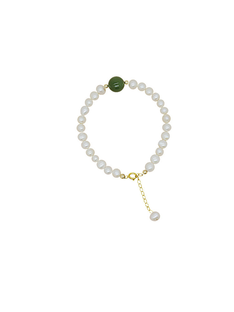 Fortune's Favor Sterling Silver Bracelet with Freshwater Pearl and Green Jade - Wholesale Jewelry