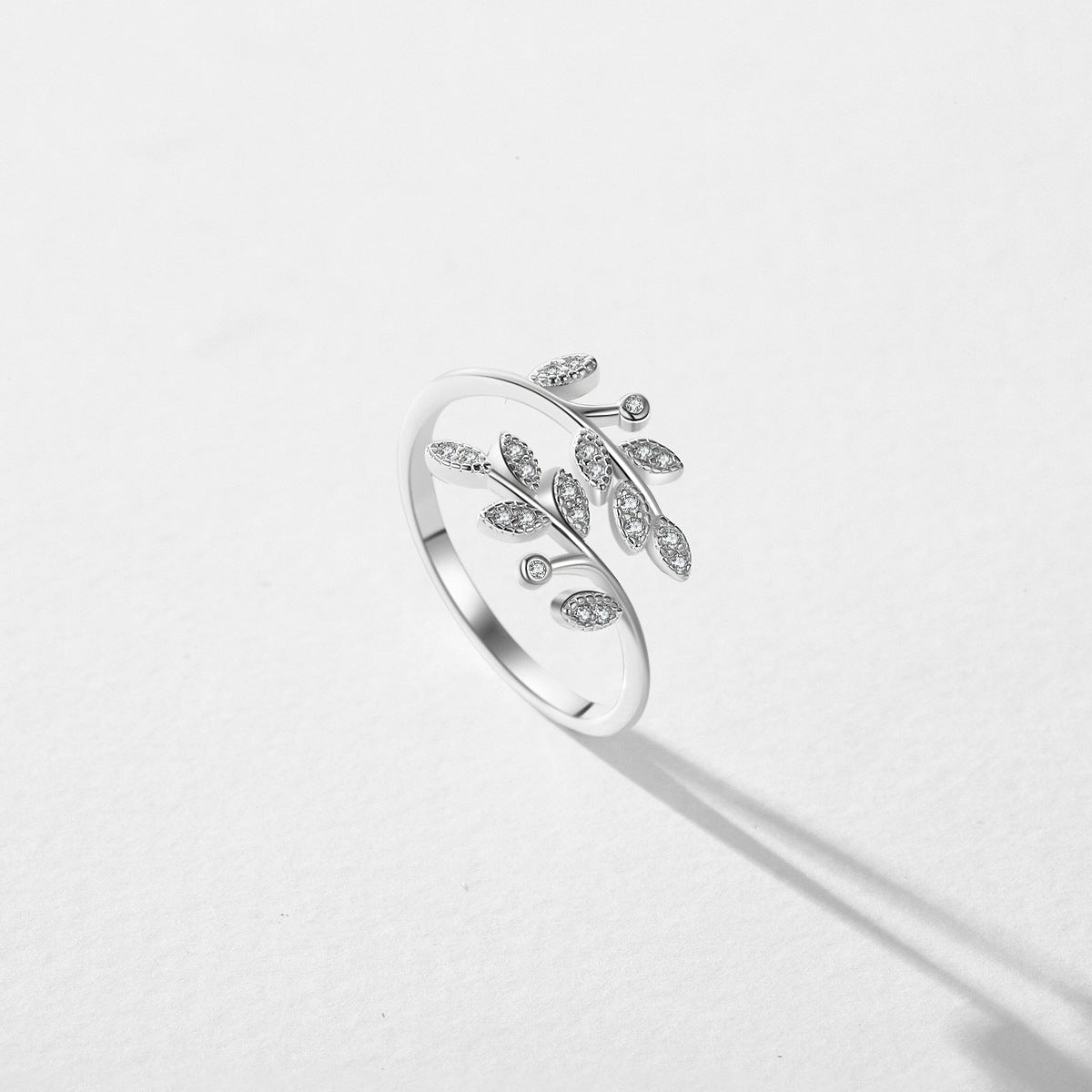 Sterling Silver Adjustable Zircon Leaves Open Ring