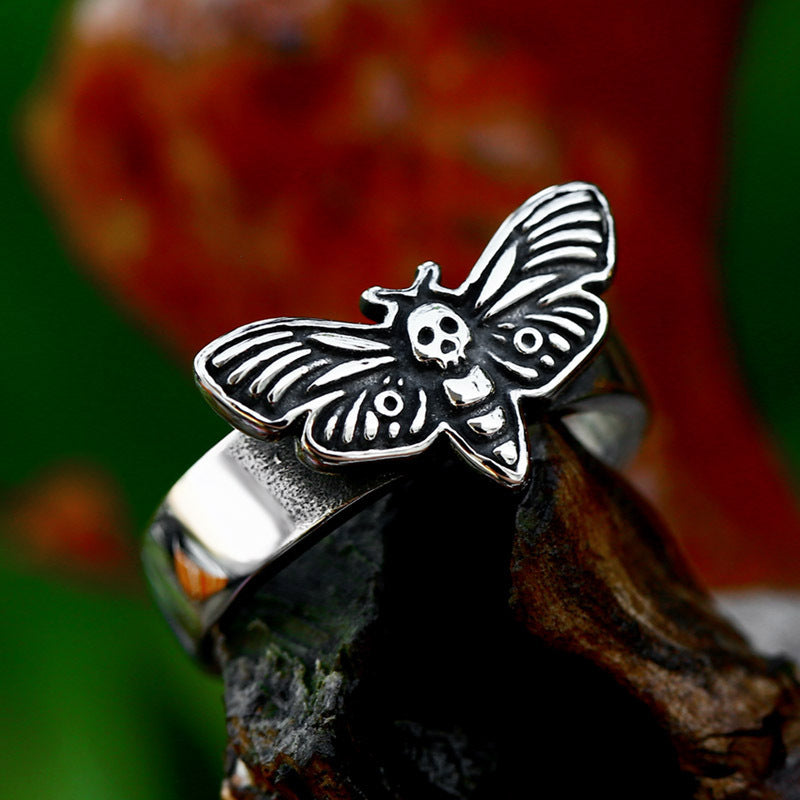 Nordic-Inspired Men's Titanium Steel Ring Jewelry - Wholesale Stainless Steel Moth Design