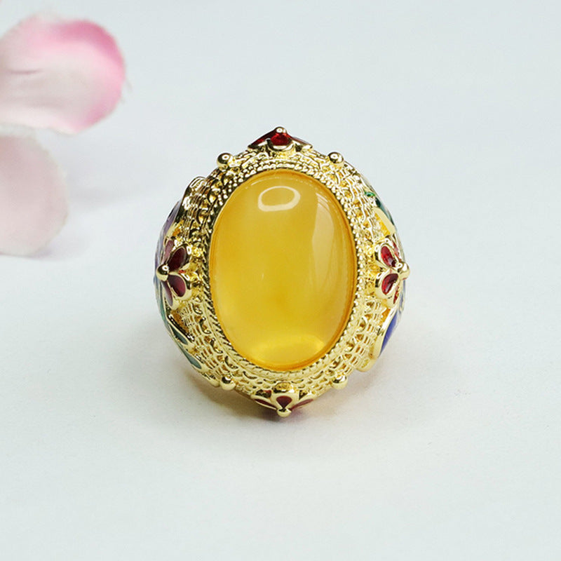 Vintage Wide Retro Amber Beeswax Sterling Silver Pigeon Egg Flower Bird Ring