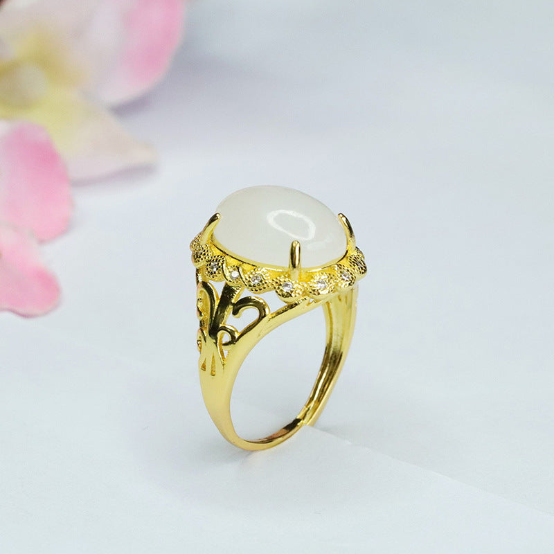 Exquisite Fortune's Favor Sterling Silver Ring with Oval White Hotan Jade and Zircon Petals