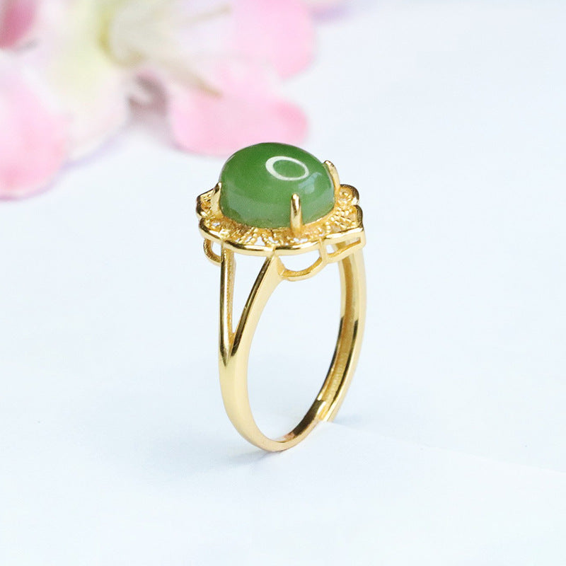 Fortune's Favor S925 Silver Hotan Jade Jasper Hollow Flower Split Shank Ring