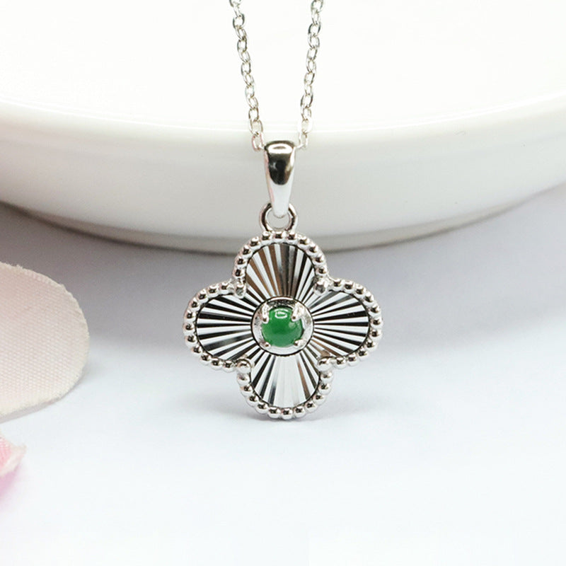 Sterling Silver Four-leaf Clover Ice Jade Pendant Necklace