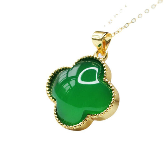 Green Chalcedony Four-leaf Clover Pendant Golden Neckalce Jewelry