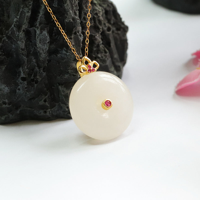 White Jade Safety Buckle Necklace with Red Zircon Accent