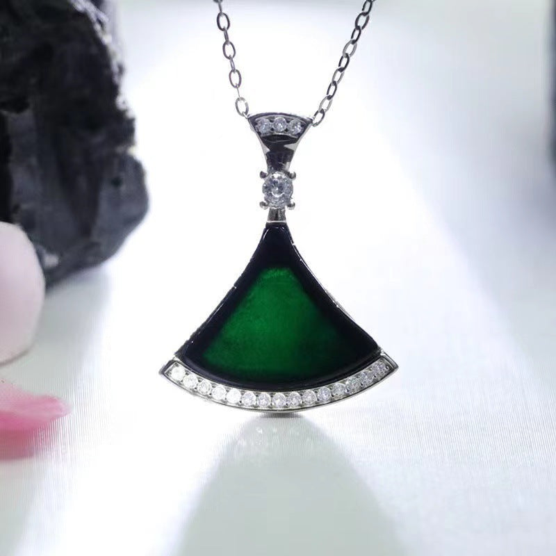 Sterling Silver Skirt Pendant Necklace with Blackish Green Jade