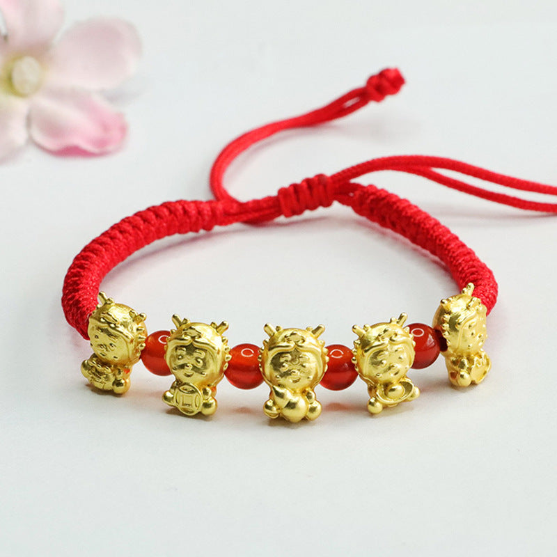 Five Fortune Agate Bracelet with Golden Dragon