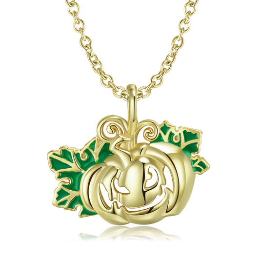 Halloween Evil Pumpkin with Green Leaf Silver Necklace