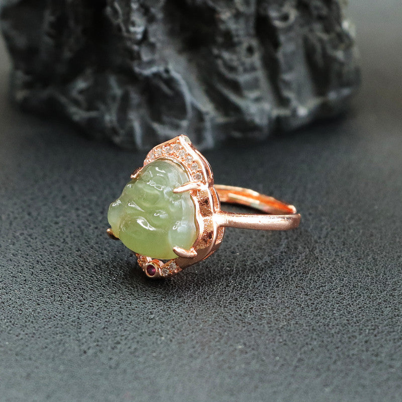 Fortune's Favor Sterling Silver Jade Buddha Ring With Zircon Jewelry