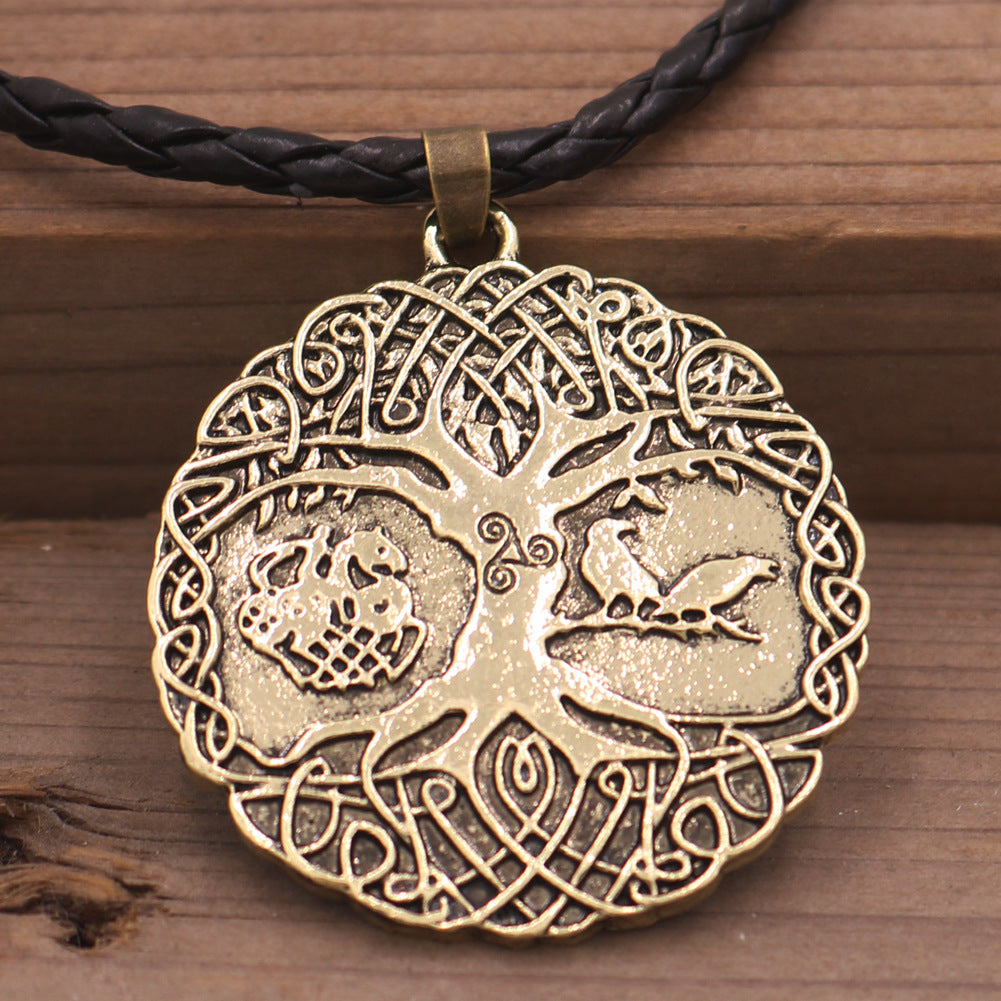 Cross Continental Viking Odin Talisman Necklace with Tree of Life Crow Design for Men, Fashionable Accessory in Europe and America