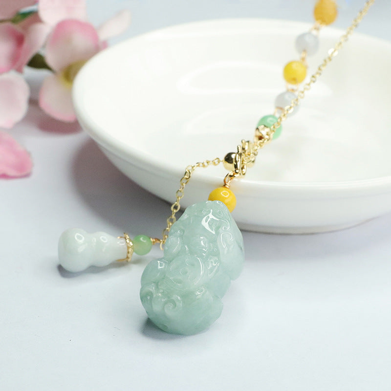 Fortune's Favor Sterling Silver Jade Pixiu Necklace with Gourd Three-color Bead Chain