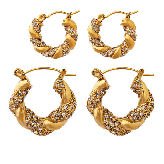 Luxurious U-Shaped Gold-Plated Zircon Twist Earrings with Titanium Steel - Elegant Ear Accessory