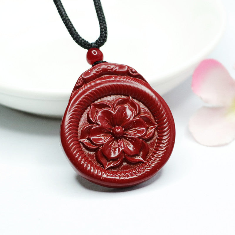 Elegant Vermilion Sand and Cinnabar Stone Lotus Pendant