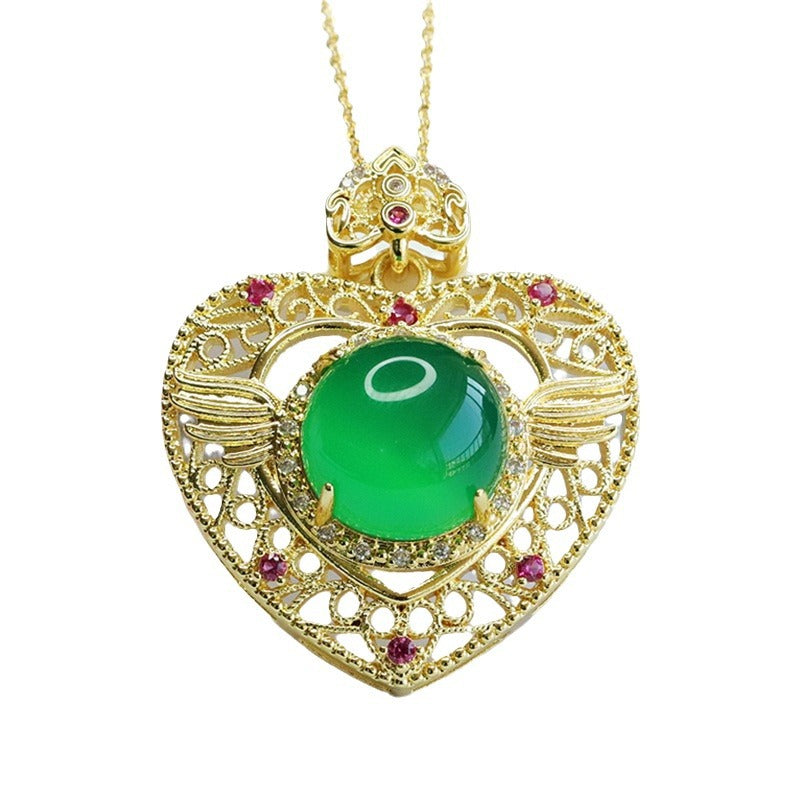 Natural Round Green Chalcedony Hollow Love Pendant Ethnic Style