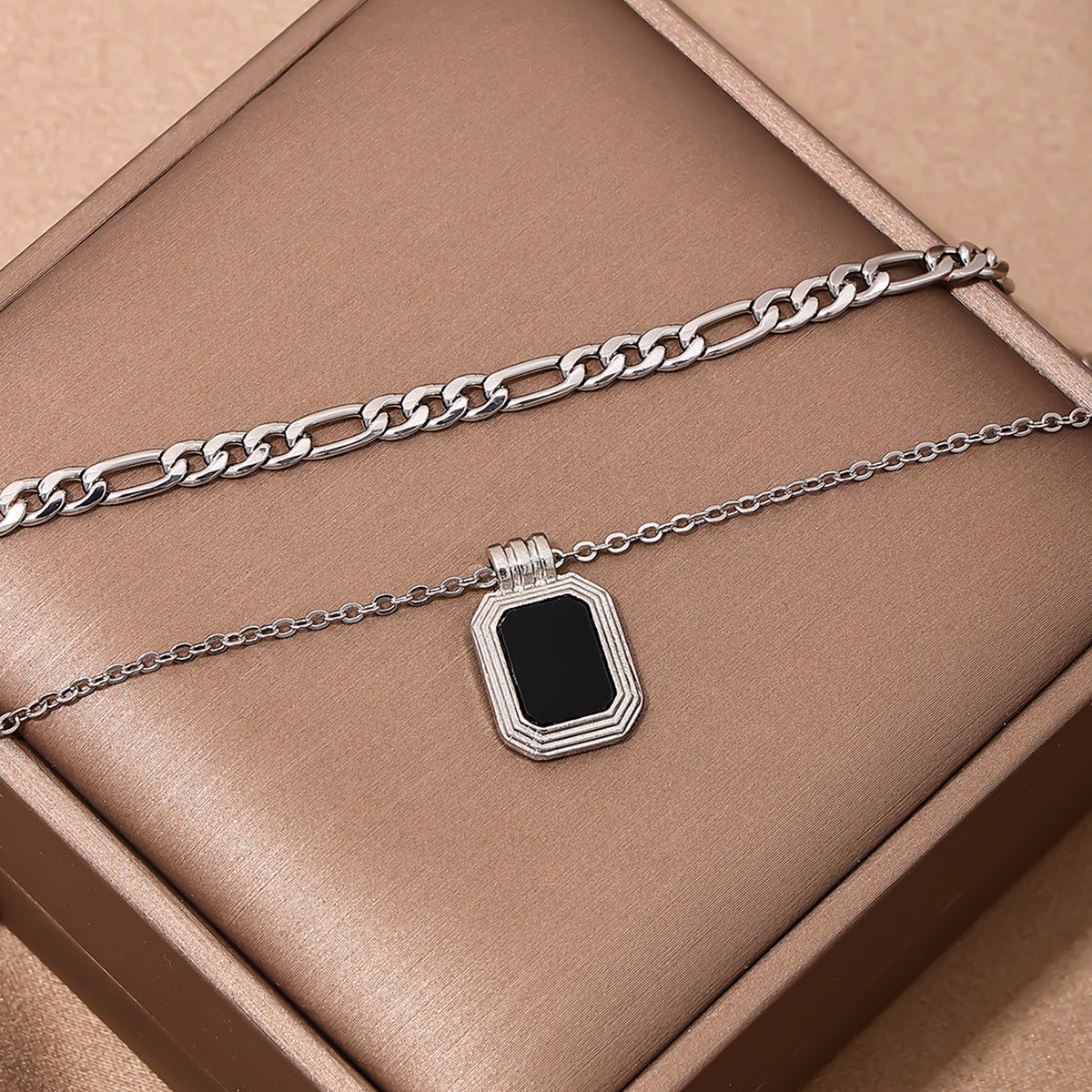 Chic Black Square Chain Necklace with Double-Layer Design