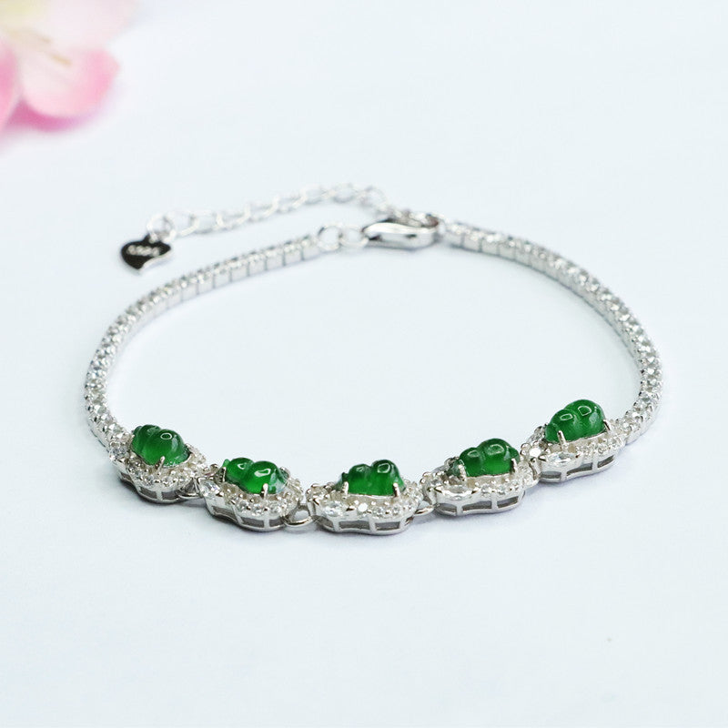 Jade Gourd Ice Seed Emperor Green Sterling Silver Bracelet