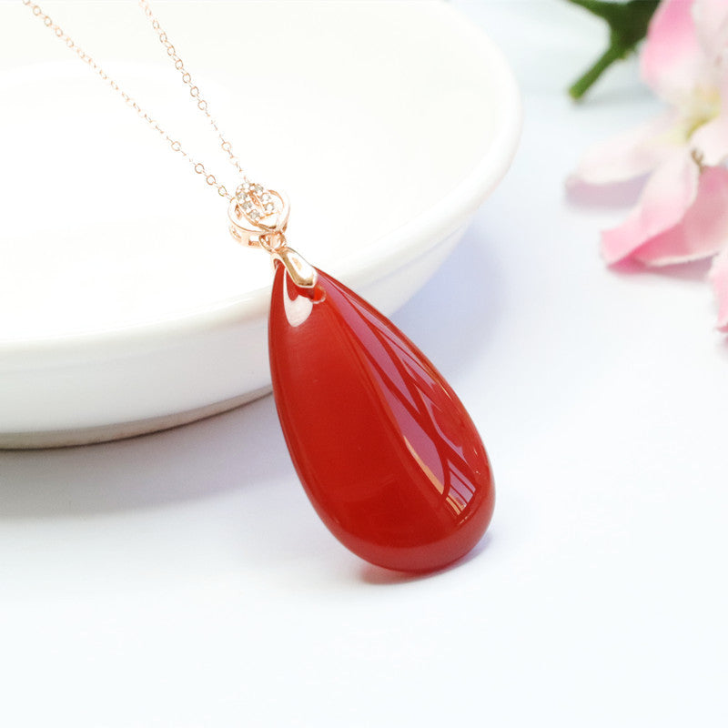 Rose Gold Necklace with Red Agate and Jade Chalcedony Water Droplet Pendant