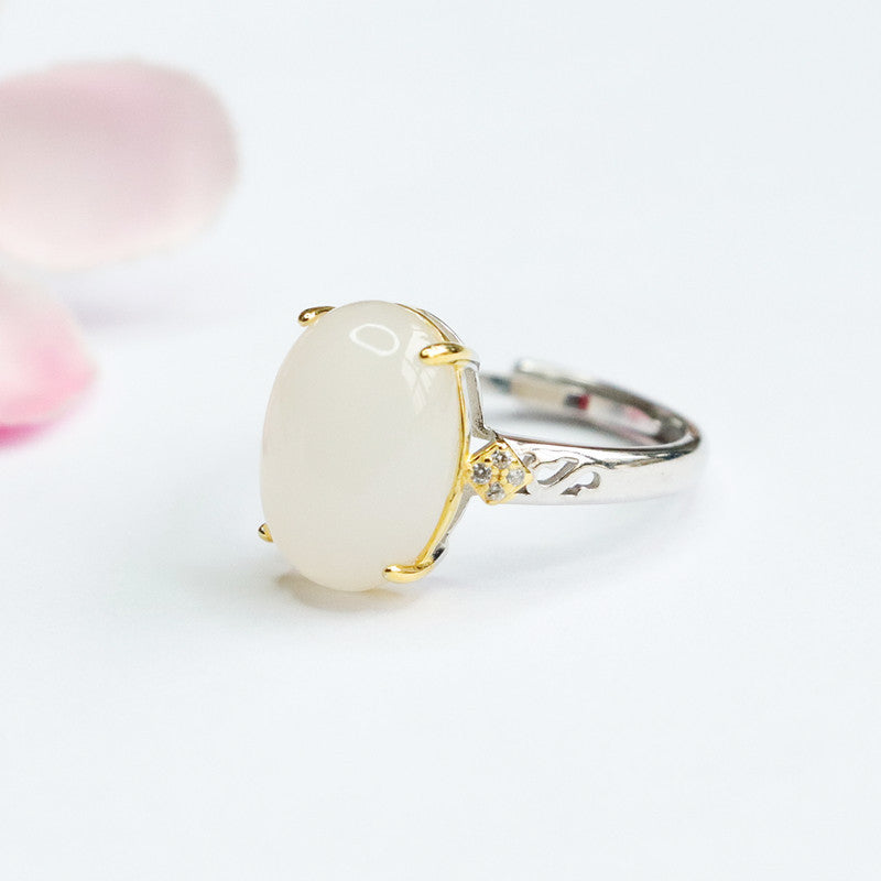 White Jade Ring with Oval Natural Hotan Jade Stone in Sterling Silver