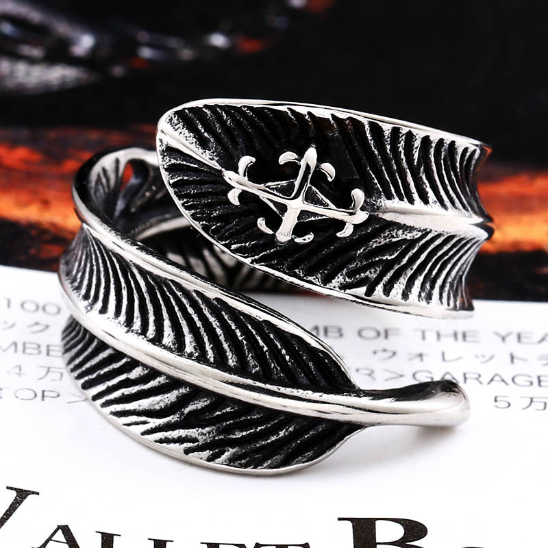 Personalized Retro Titanium Steel Feather Ring for Men - Unique Vintage Jewelry