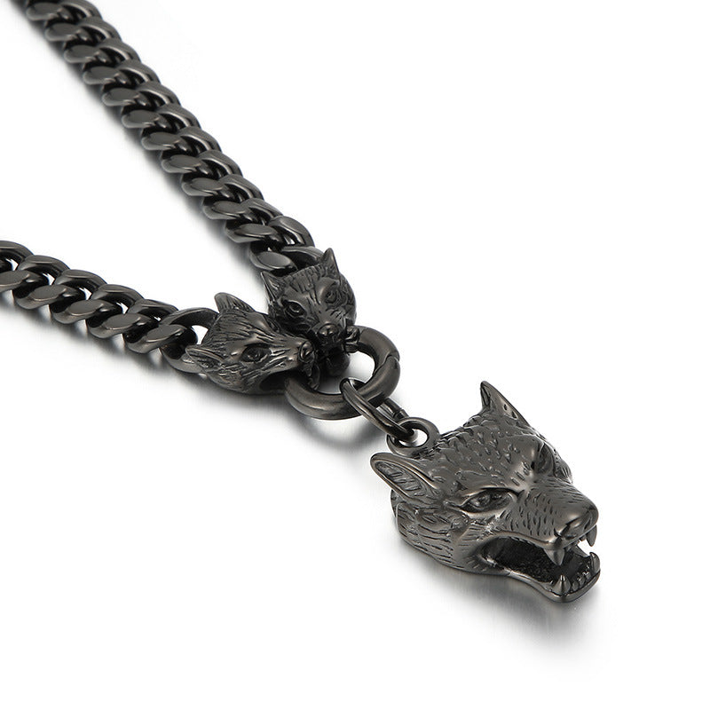 Titanium Steel Wolf Head Bracelet and Necklace Set for Men - Punk Trendy Stainless Steel Chain with Round Ring Buckle