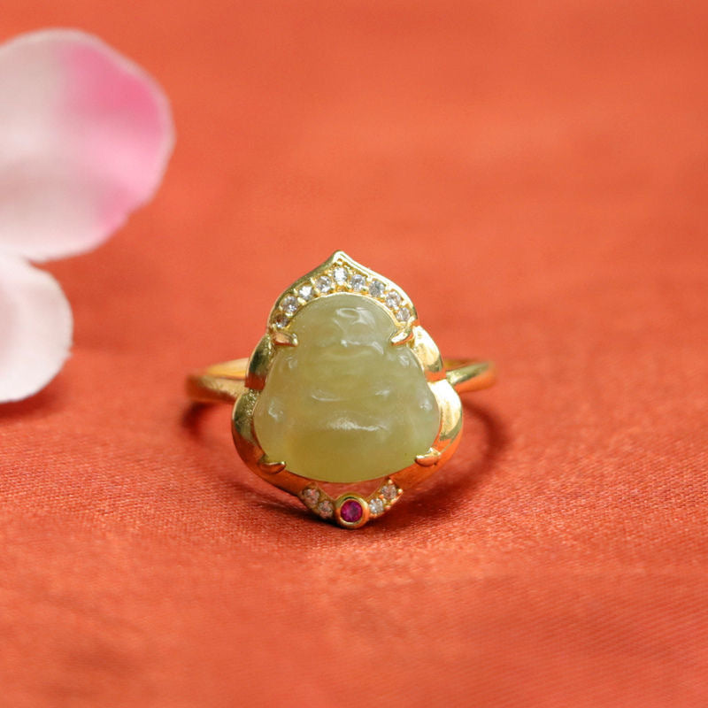 Exquisite Hetian Jade Buddha Ring with Sterling Silver