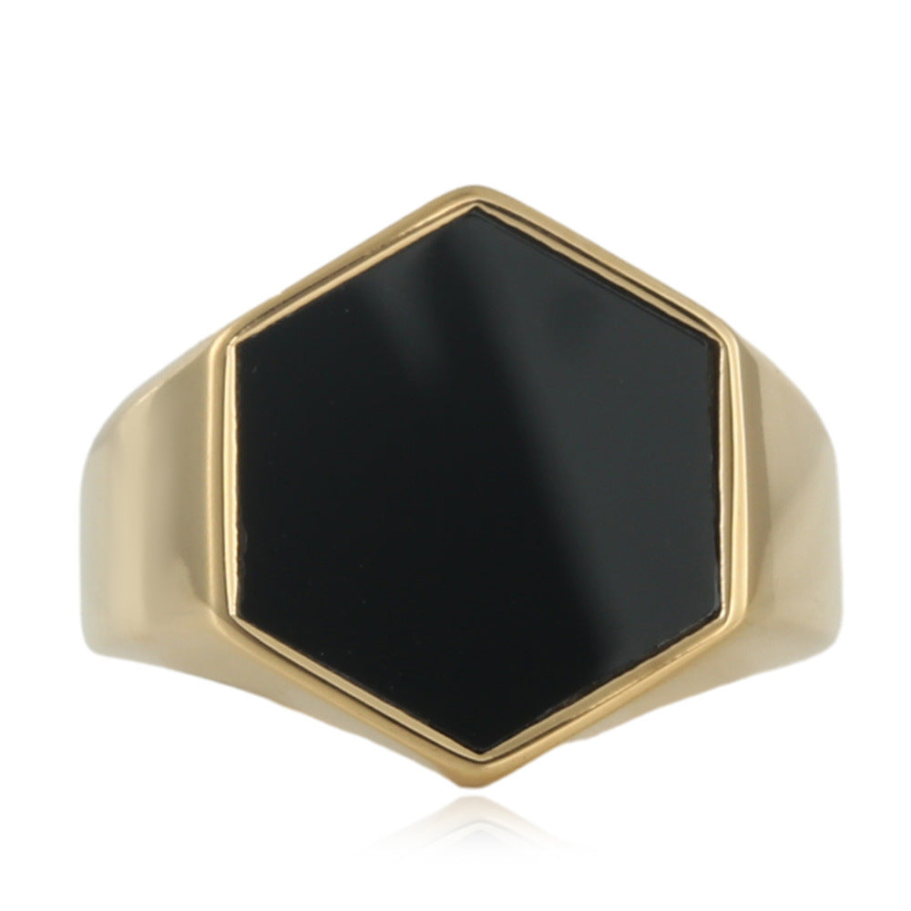 Trendy Hexagonal Titanium Steel Ring for Men and Women - Punk Retro Multi-Color Design