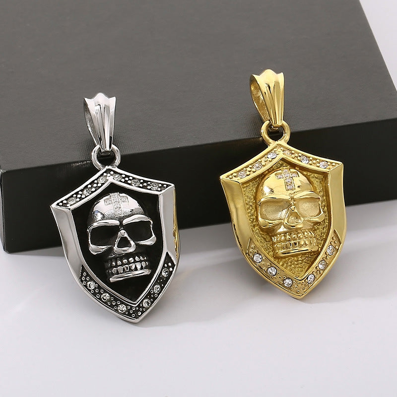 Vintage Punk Skull Pendant with Zircon and Cross Shield for Men - Stainless Steel Ghost Head Necklace