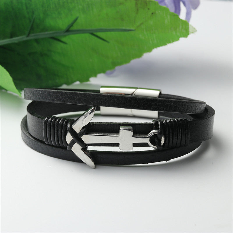 Men's Personalized Titanium Steel Hollow Cross Leather Bracelet - Stylish Punk Woven Hook Design