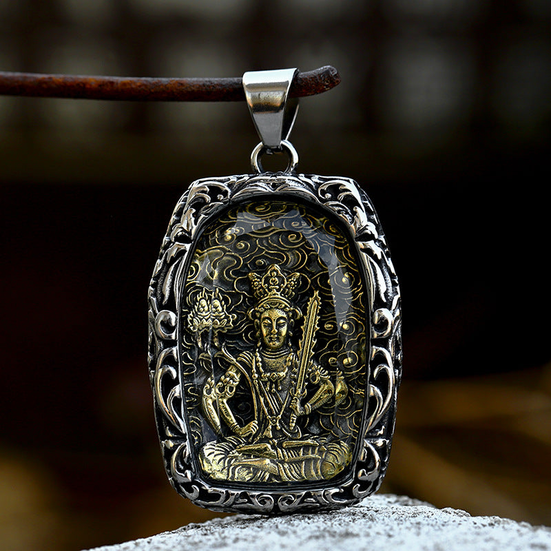 Vintage-Inspired Titanium Steel Guanyin Bodhisattva Pendant for Men - Wholesale Stainless Steel Glass Accessories