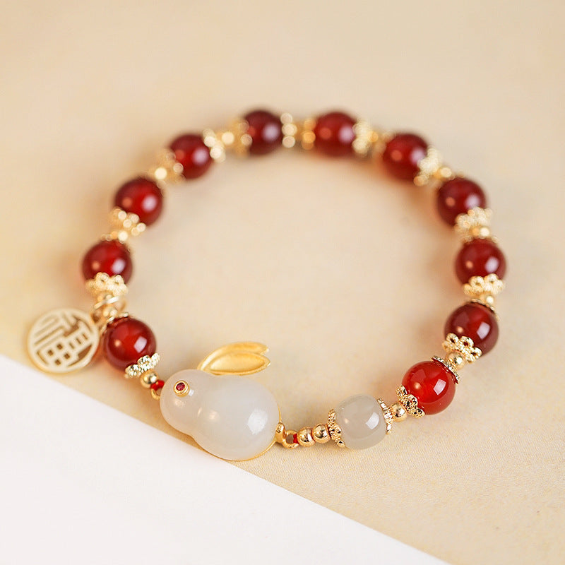 Natural Red Agate and Hetian Jade Sterling Silver Bracelet with Jade Rabbit