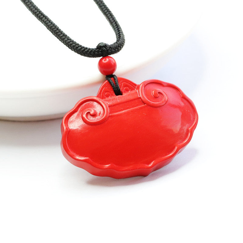 Cinnabar Red Sand Ruyi Lock Pendant with Sterling Silver Charm