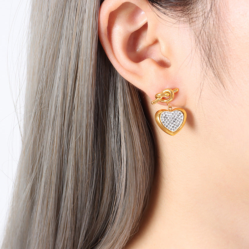 Three-dimensional Love Titanium Steel Earrings with Zircon Studs