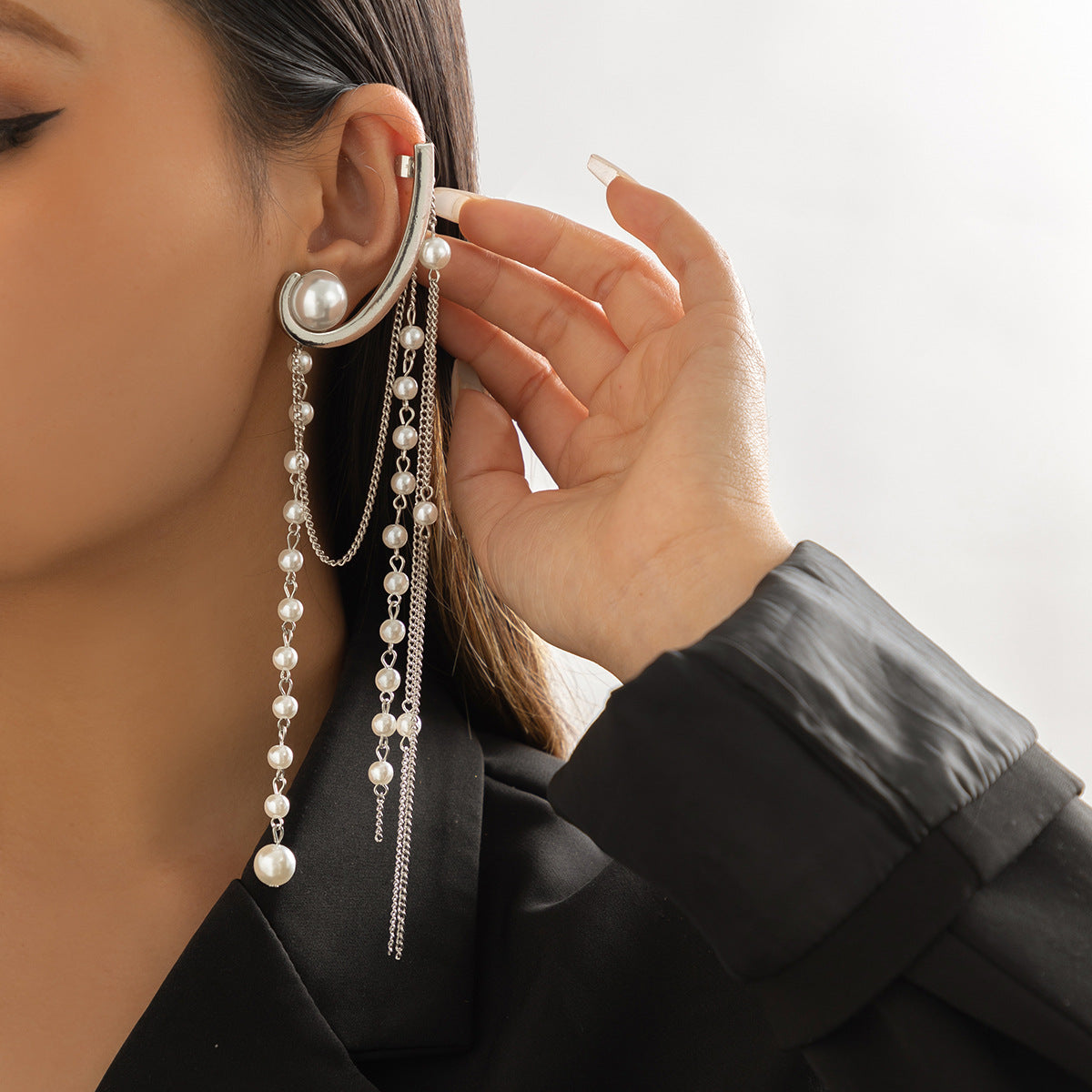 Trendy Single Pearl Tassel Ear Clip Earring from Vienna Verve Collection