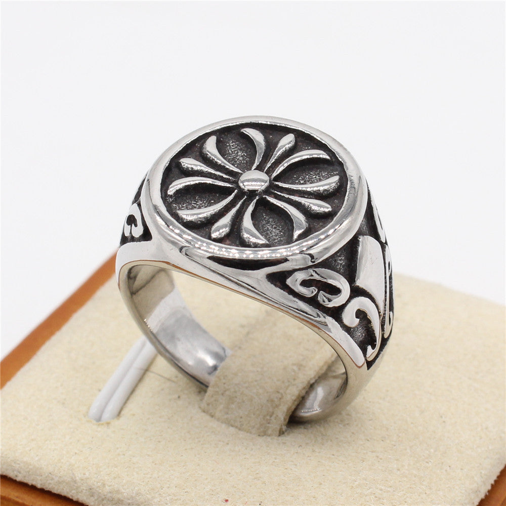 Cross Flower Round Disk Titanium Steel Ring for Men