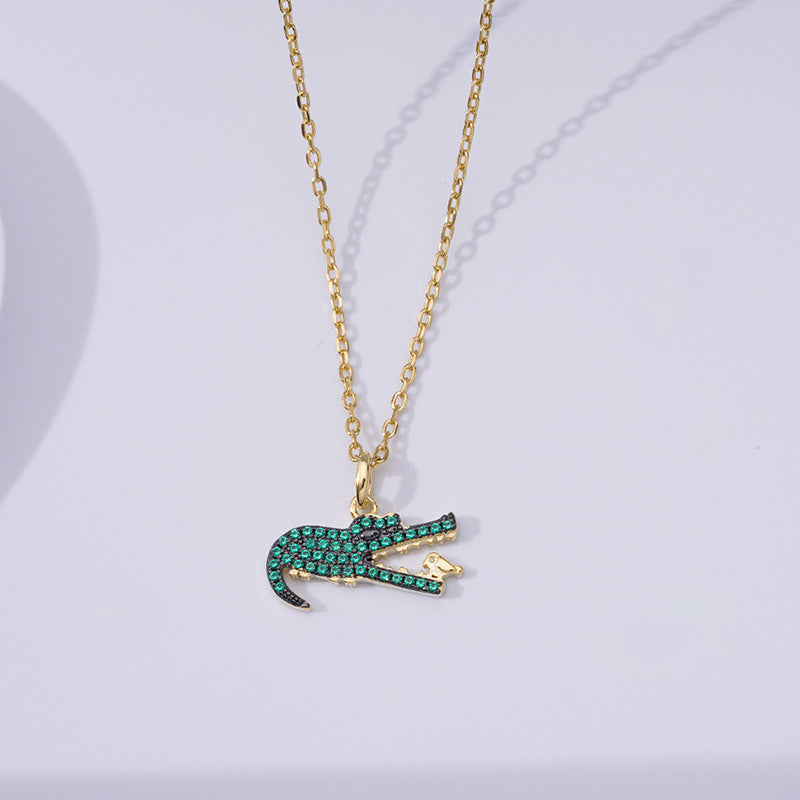 Green Zircon Crocodile Pendant Silver Necklace