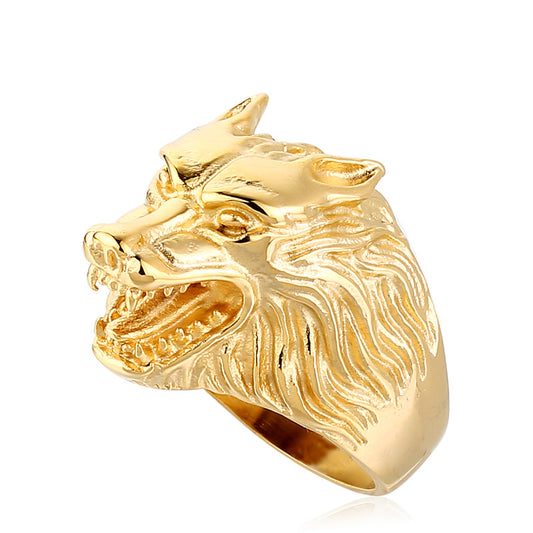 Wholesale European and American Titanium Steel Wolf Head Ring for Men - Retro Jewelry Collection