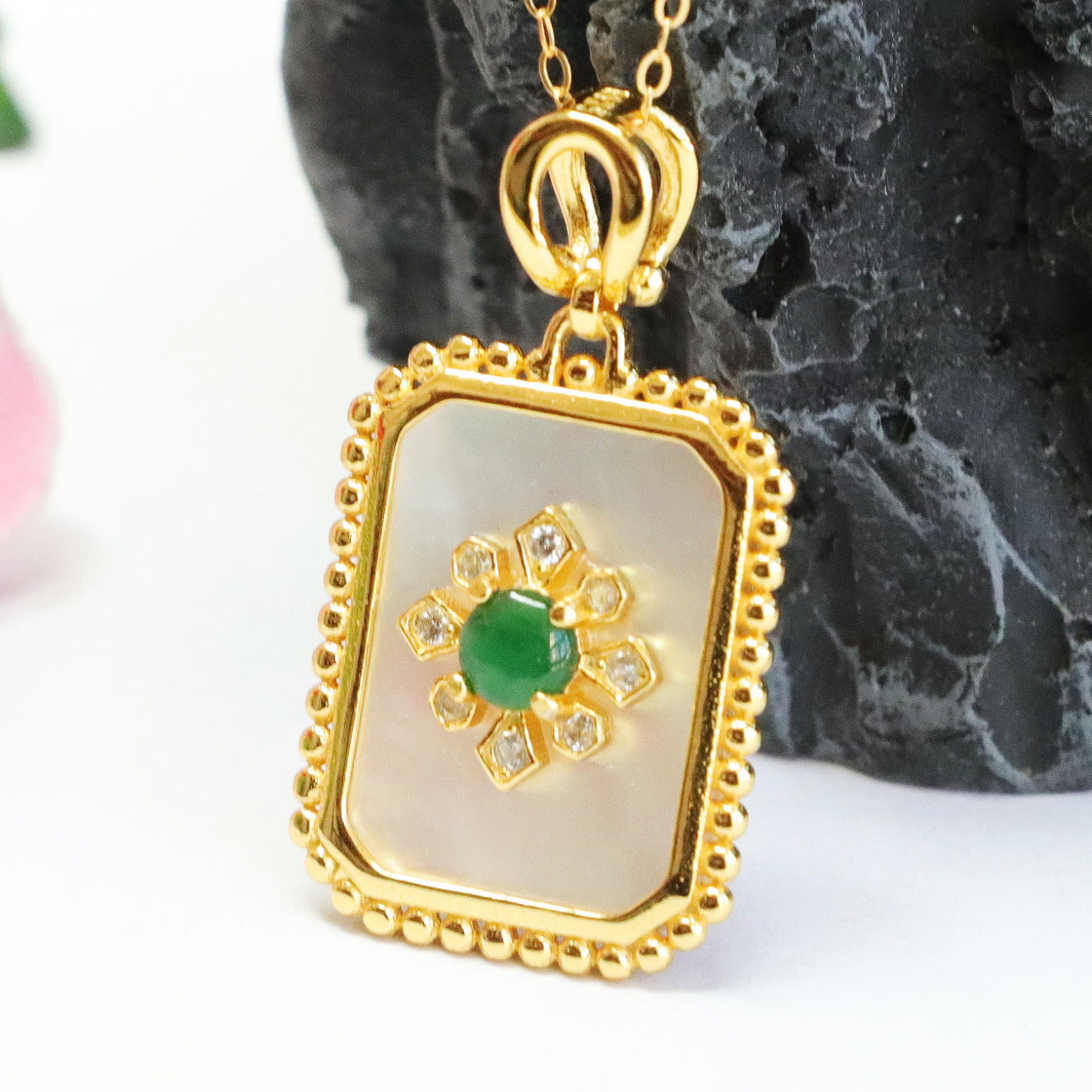 Sterling Silver Jade Bead Necklace with Zircon Flower Pendant