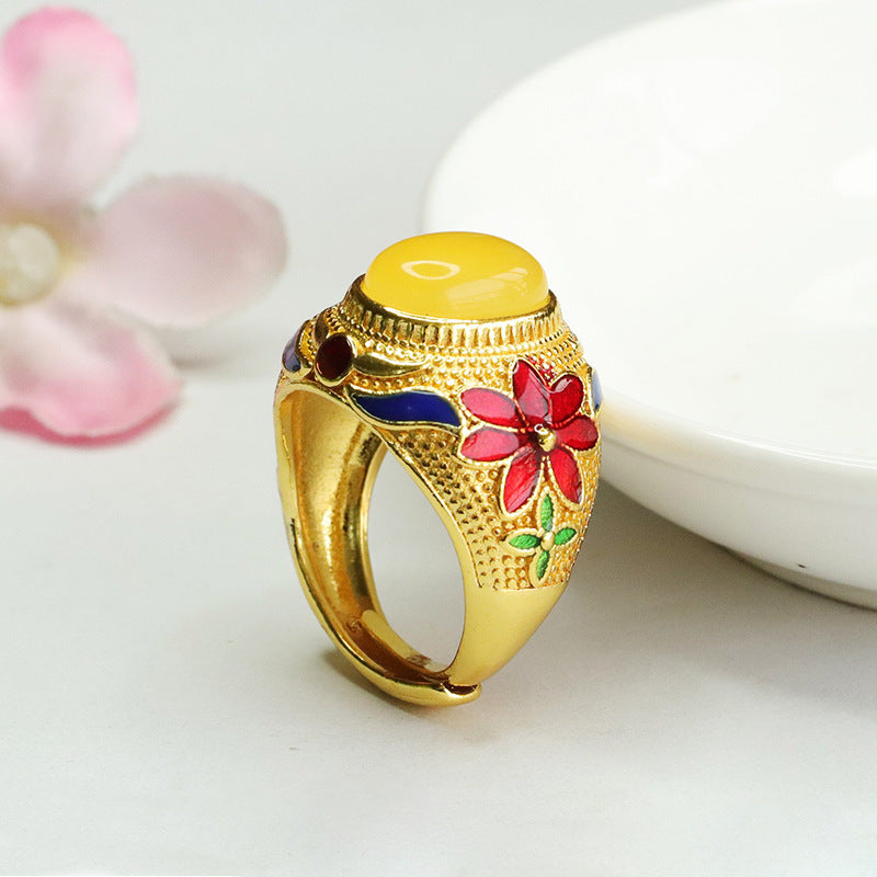 Yellow Amber Wide Flower Ring with Beeswax Accent