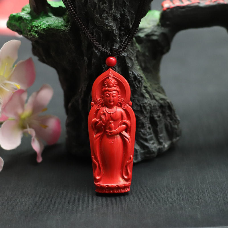 Red Cinnabar Guanyin Sterling Silver Pendant