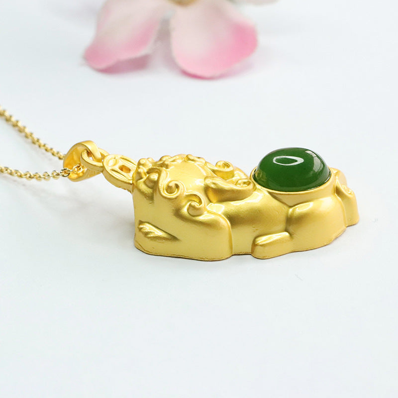 Golden Pixiu Fortune Pendant with Hetian Jade Oval Jasper - Sterling Silver Jewelry