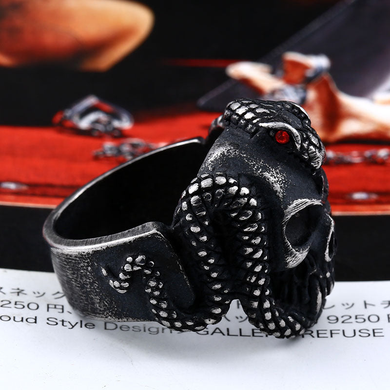 Wholesale Zircon-Studded Python Skull Ring in Stainless Steel for Men - European and American Alternative Titanium Steel Design