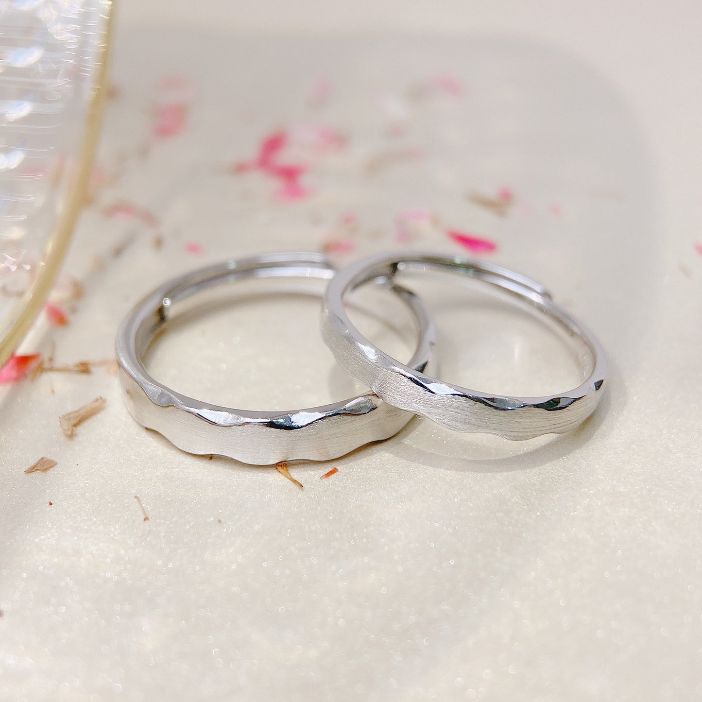 Wave Edge Brushed Opening Sterling Silver Couple Rings